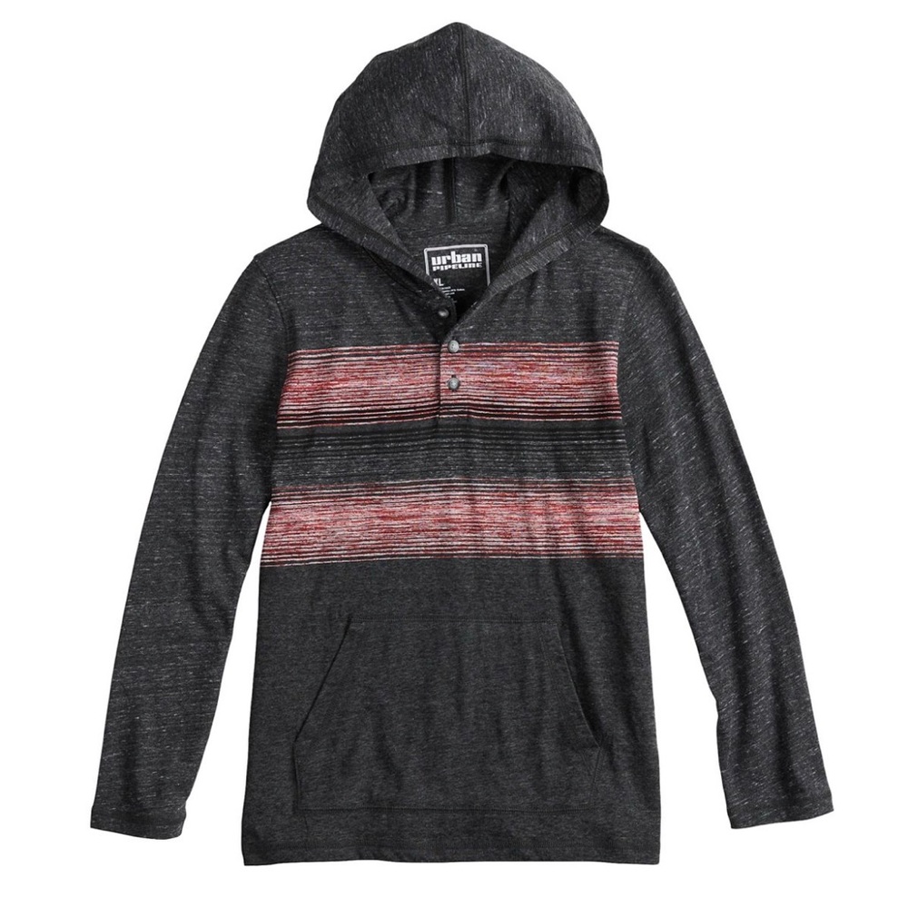 Urban Pipeline Boys Grey & Red Striped Hooded Long Sleeve Tee Size Medium